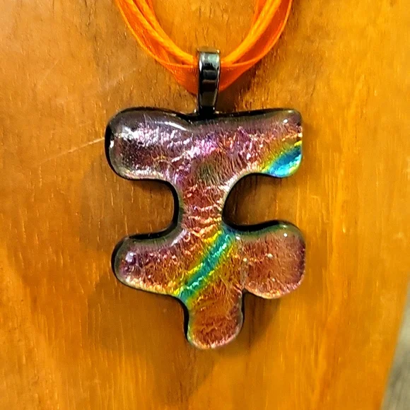 Autism Awareness Orange Multi Fused Glass Handmade Artisan Puzzle Pendant - Picture 1 of 7